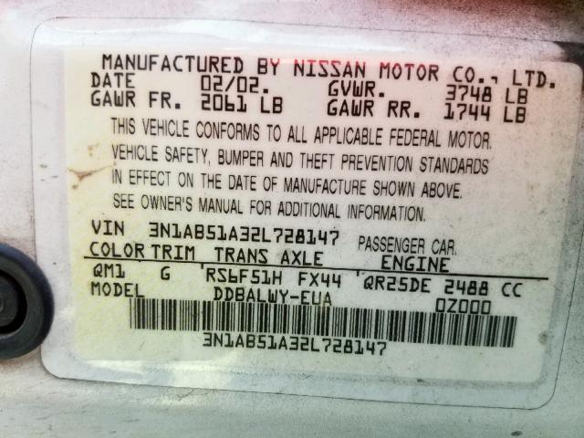 3N1AB51A32L728147 - 2002 NISSAN SENTRA SE- WHITE photo 10