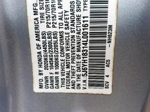 5J6YH18314L001611 - 2004 HONDA ELEMENT LX SILVER photo 10