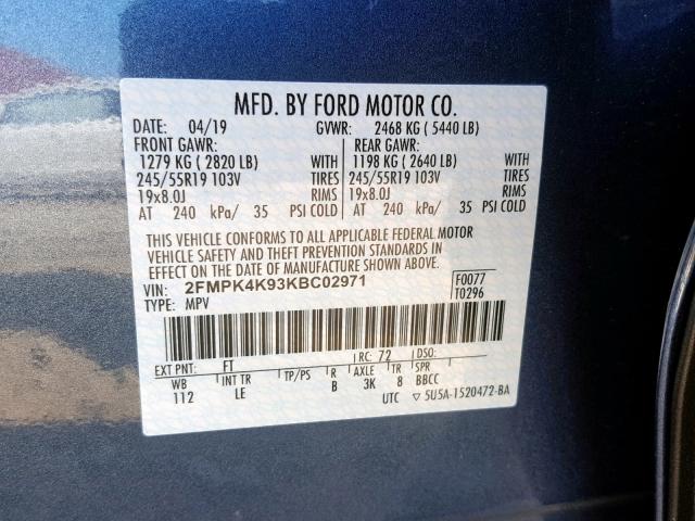 2FMPK4K93KBC02971 - 2019 FORD EDGE TITAN BLUE photo 10