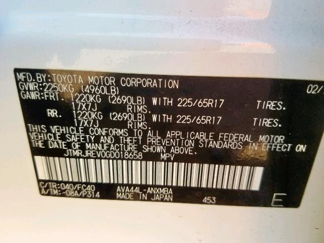 JTMRJREV0GD018658 - 2016 TOYOTA RAV4 HV XL WHITE photo 10