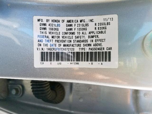 1HGCR2F87EA072120 - 2014 HONDA ACCORD EXL SILVER photo 10