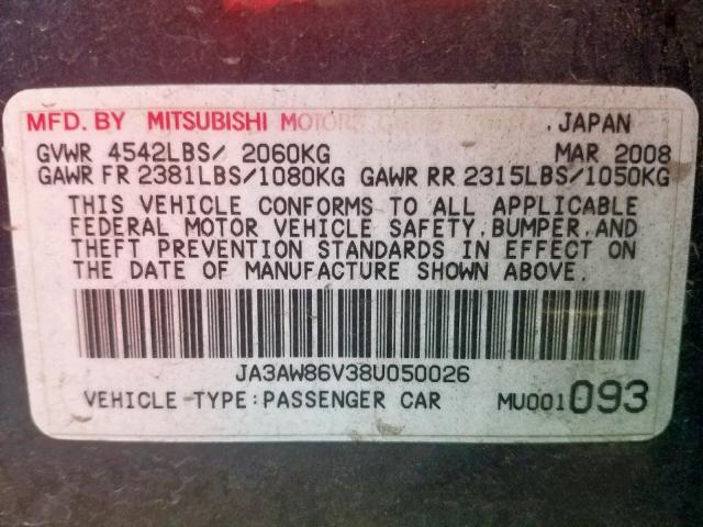 JA3AW86V38U050026 - 2008 MITSUBISHI LANCER EVO BLACK photo 10