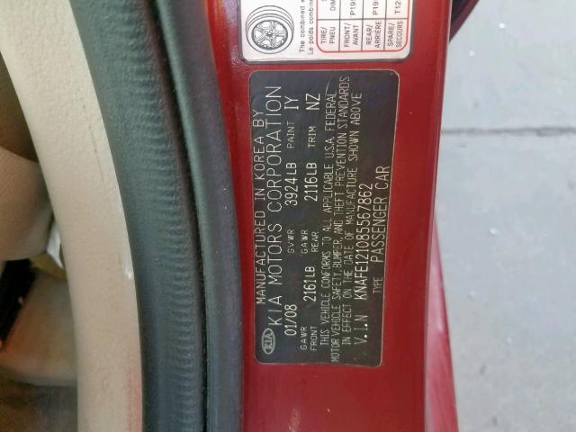 KNAFE121085567862 - 2008 KIA SPECTRA EX RED photo 10