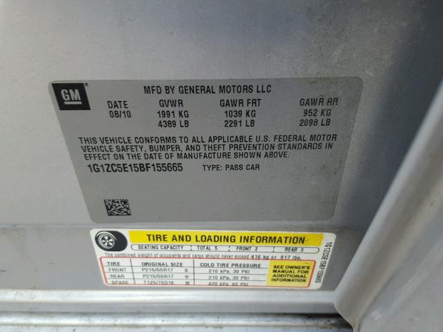 1G1ZC5E15BF155665 - 2011 CHEVROLET MALIBU 1LT 银色 照片 10