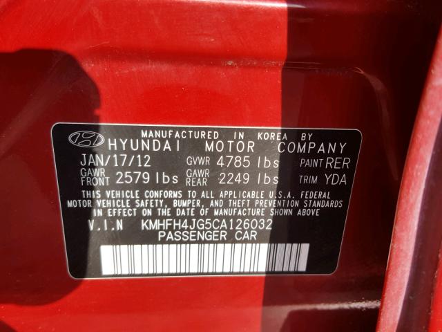 KMHFH4JG5CA126032 - 2012 HYUNDAI AZERA GLS RED photo 10