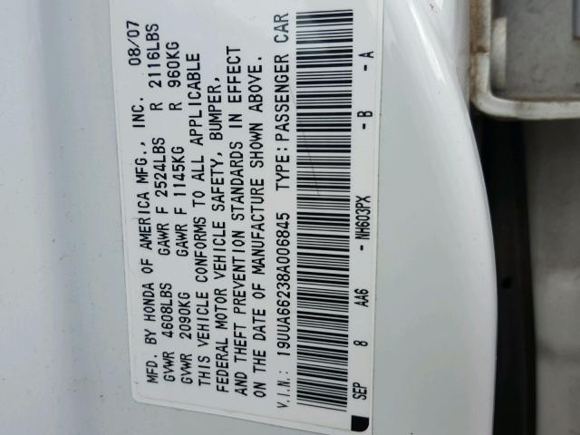 19UUA66238A006845 - 2008 ACURA TL WHITE photo 10