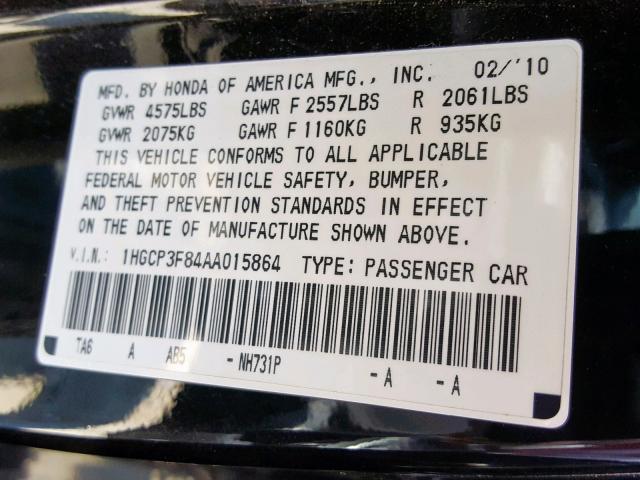 1HGCP3F84AA015864 - 2010 HONDA ACCORD EXL BLACK photo 10