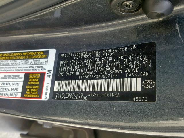 4T1BF3EK3AU087417 - 2010 TOYOTA CAMRY BASE GRAY photo 10