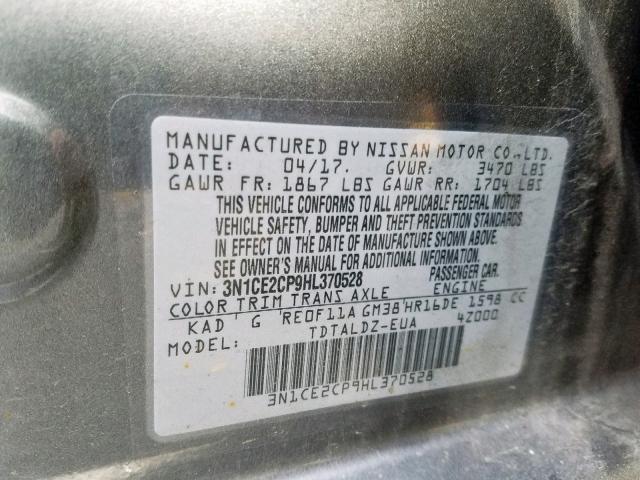 3N1CE2CP9HL370528 - 2017 NISSAN VERSA NOTE GRAY photo 10