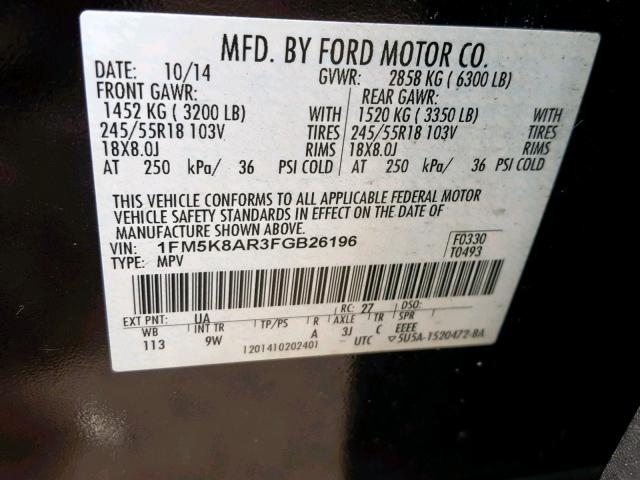 1FM5K8AR3FGB26196 - 2015 FORD EXPLORER P BLACK photo 10