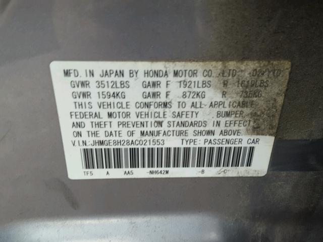 JHMGE8H28AC021553 - 2010 HONDA FIT GRAY photo 10