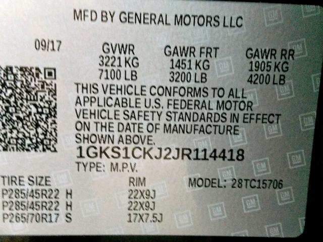 1GKS1CKJ2JR114418 - 2018 GMC YUKON DENA BLACK photo 10