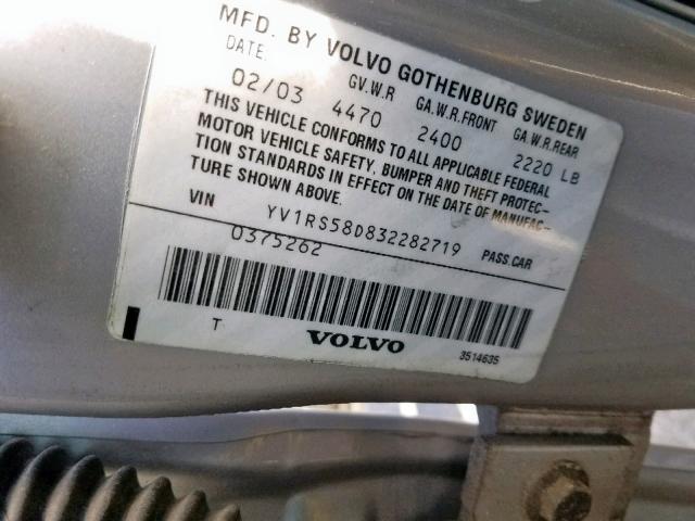 YV1RS58D832282719 - 2003 VOLVO S60 2.4T SILVER photo 10