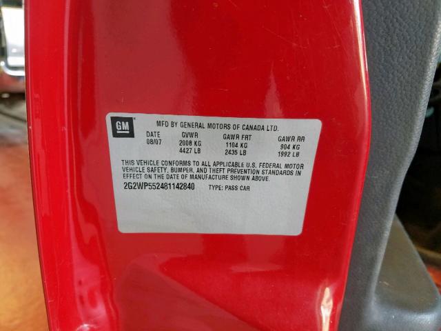 2G2WP552481142840 - 2008 PONTIAC GRAND PRIX RED photo 10