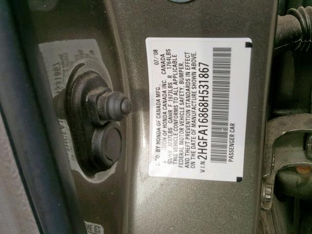 2HGFA16868H531867 - 2008 HONDA CIVIC EX GRAY photo 10