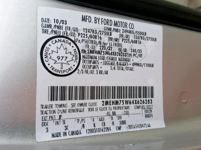 2MEHM75W64X626283 - 2004 MERCURY GRAND MARQ SILVER photo 10