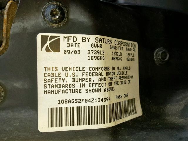 1G8AG52F04Z134694 - 2004 SATURN ION LEVEL SILVER photo 10