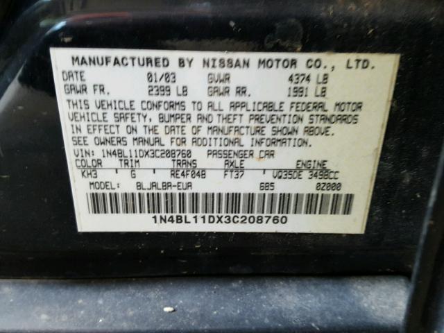 1N4BL11DX3C208760 - 2003 NISSAN ALTIMA SE BLACK photo 10