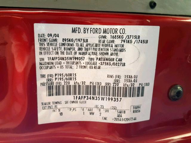 1FAFP34N35W199357 - 2005 FORD FOCUS ZX4 MAROON photo 10