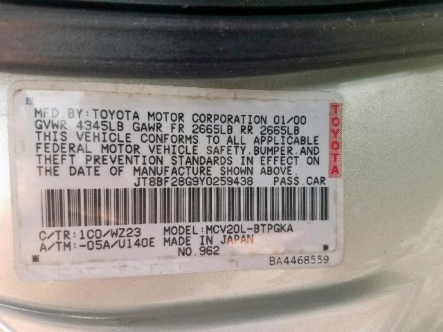 JT8BF28G9Y0259438 - 2000 LEXUS ES 300 SILVER photo 10