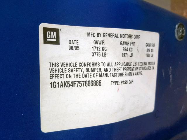 1G1AK54F757666886 - 2005 CHEVROLET COBALT BLUE photo 10