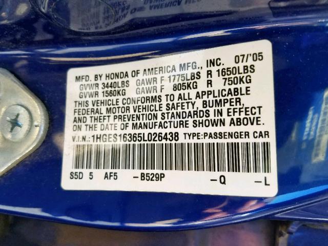 1HGES16365L026438 - 2005 HONDA CIVIC DX V BLUE photo 10