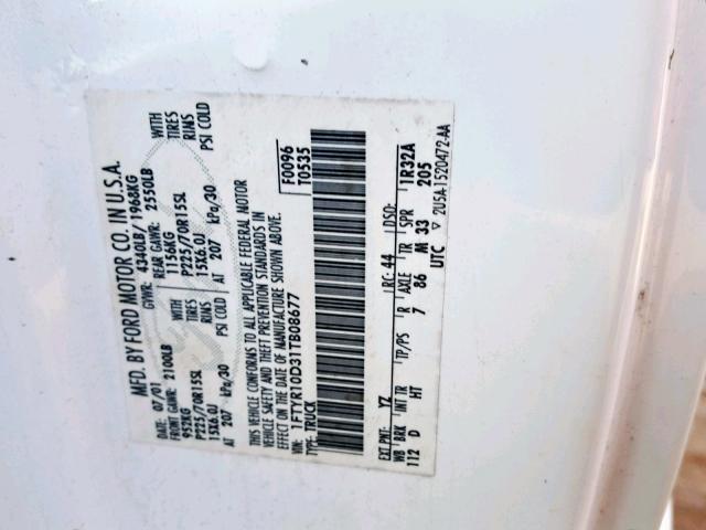 1FTYR10D31TB08677 - 2001 FORD RANGER WHITE photo 10