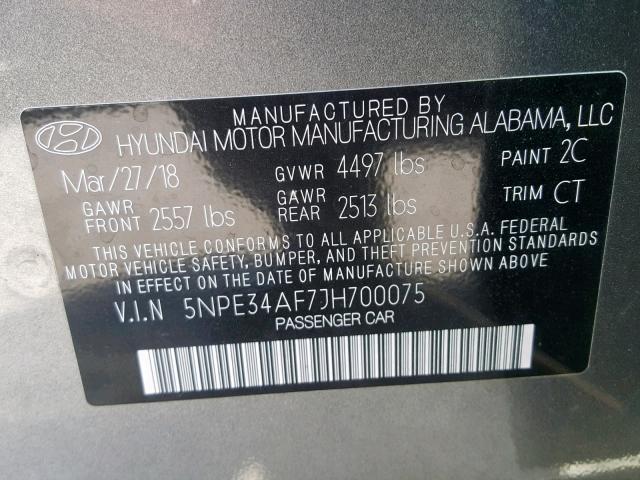 5NPE34AF7JH700075 - 2018 HYUNDAI SONATA SPO GRAY photo 10