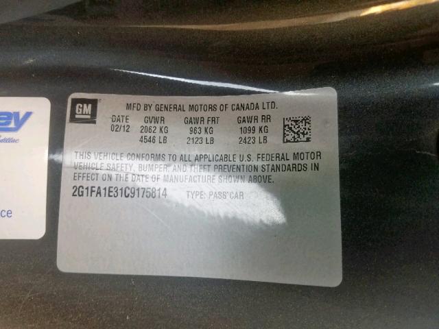 2G1FA1E31C9175814 - 2012 CHEVROLET CAMARO LS GRAY photo 10