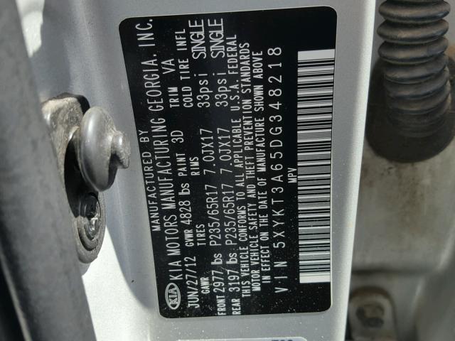 5XYKT3A65DG348218 - 2013 KIA SORENTO LX SILVER photo 10