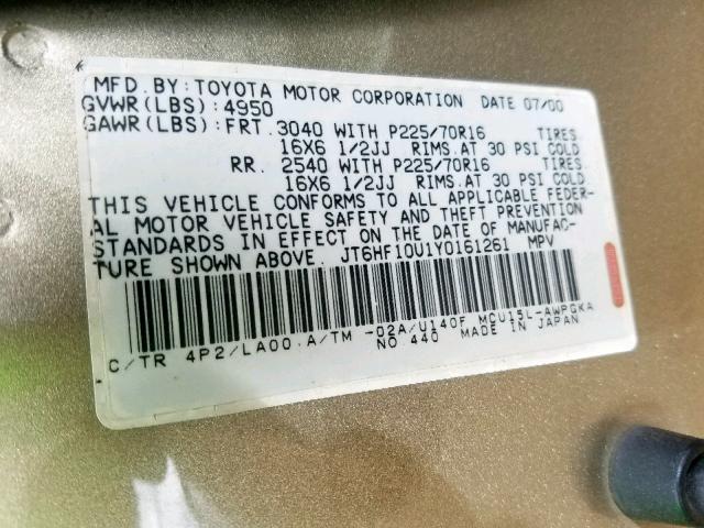 JT6HF10U1Y0161261 - 2000 LEXUS RX 300 GOLD photo 10