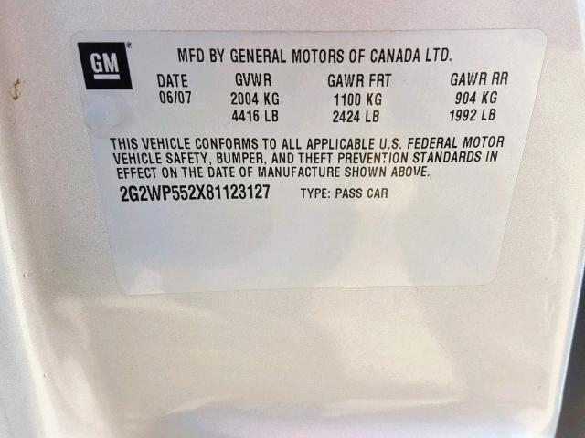 2G2WP552X81123127 - 2008 PONTIAC GRAND PRIX SILVER photo 10