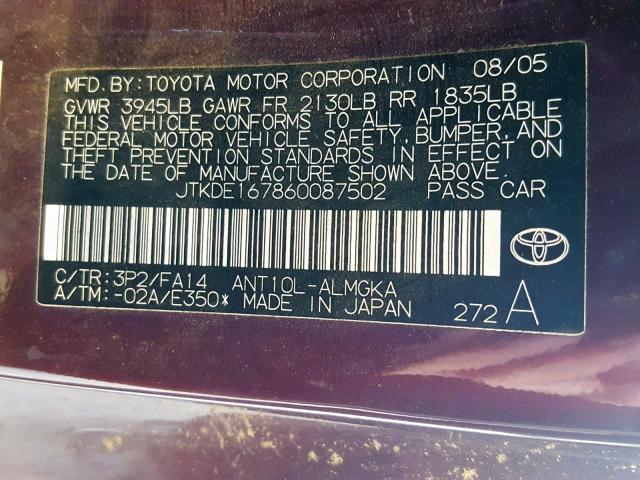 JTKDE167860087502 - 2006 TOYOTA SCION TC მუქწითელი ფოტო 10