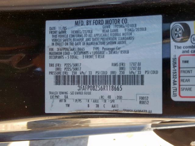 3FAFP08Z56R118665 - 2006 FORD FUSION SEL BLACK photo 10