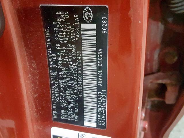 4T1BB46K98U058420 - 2008 TOYOTA CAMRY HYBR RED photo 10