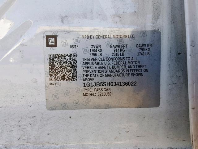 1G1JB5SH6J4136022 - 2018 CHEVROLET SONIC LS WHITE photo 10