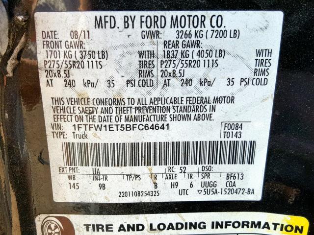 1FTFW1ET5BFC64641 - 2011 FORD F150 SUPER BLACK photo 10