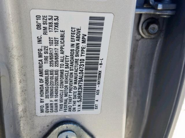 5J6RE3H79AL047310 - 2010 HONDA CR-V EXL SILVER photo 10