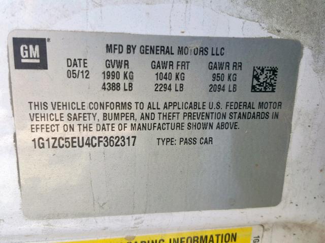 1G1ZC5EU4CF362317 - 2012 CHEVROLET MALIBU 1LT WHITE photo 10