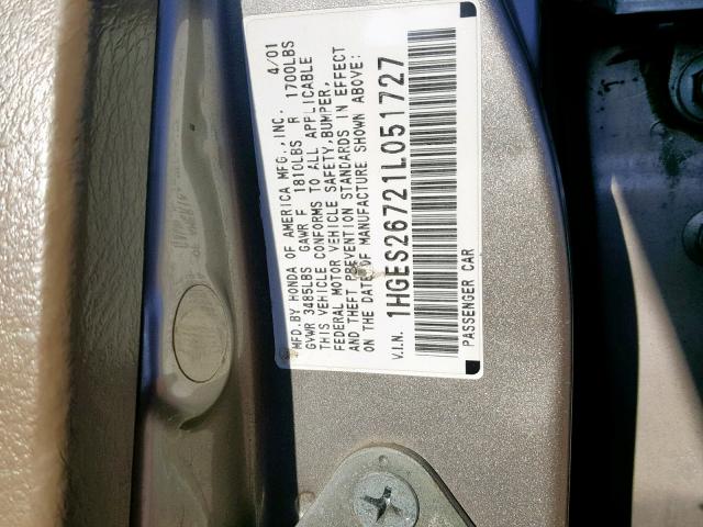 1HGES26721L051727 - 2001 HONDA CIVIC EX SILVER photo 10