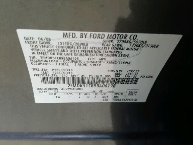 2FMDK51C89BA06198 - 2009 FORD FLEX SE GRAY photo 10