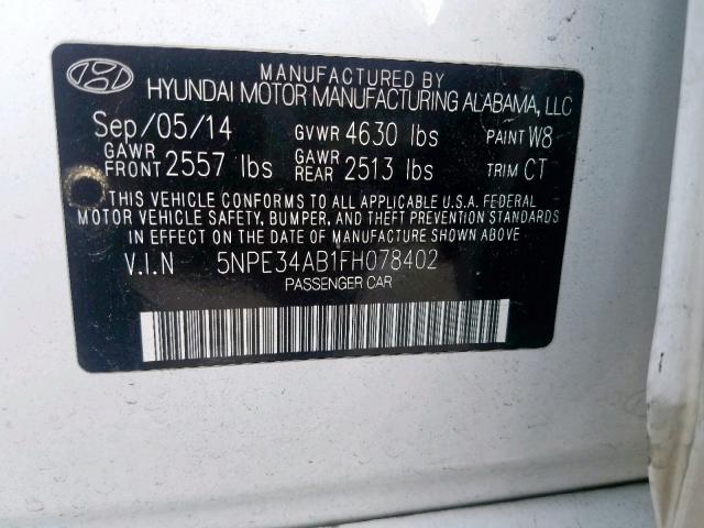 5NPE34AB1FH078402 - 2015 HYUNDAI SONATA SPO WHITE photo 10