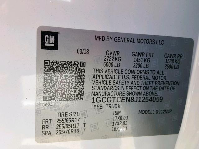 1GCGTCEN8J1254059 - 2018 CHEVROLET COLORADO L WHITE photo 10