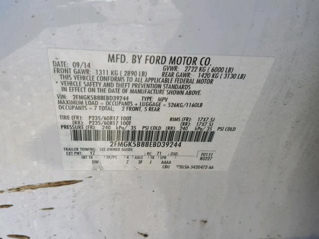 2FMGK5B88EBD39244 - 2014 FORD FLEX SE WHITE photo 10