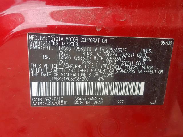 JTMBK31V085064200 - 2008 TOYOTA RAV4 LIMIT RED photo 10