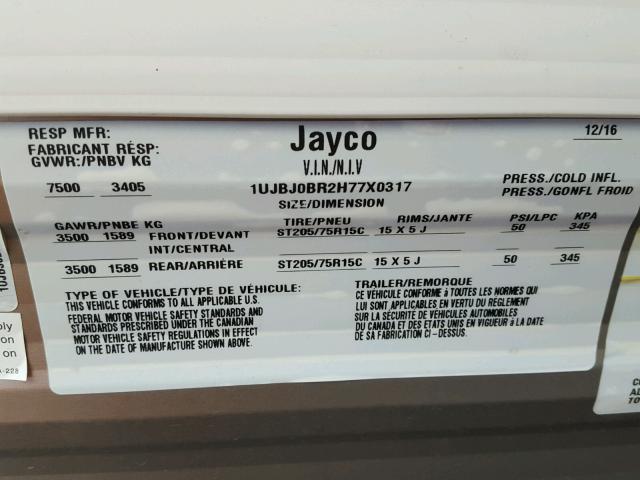 1UJBJ0BR2H77X0317 - 2017 JAYCO JAY FLIGHT  WHITE photo 10