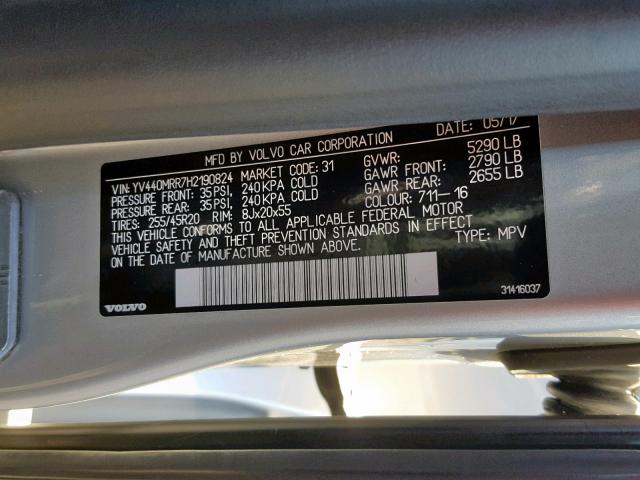 YV440MRR7H2190824 - 2017 VOLVO XC60 T5 SILVER photo 10