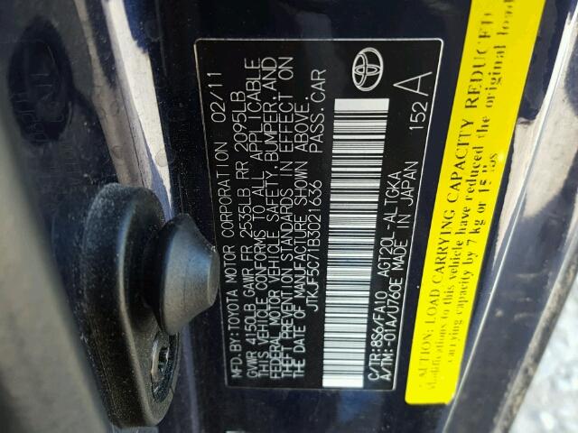 JTKJF5C71B3021636 - 2011 TOYOTA SCION TC 蓝色 照片 10