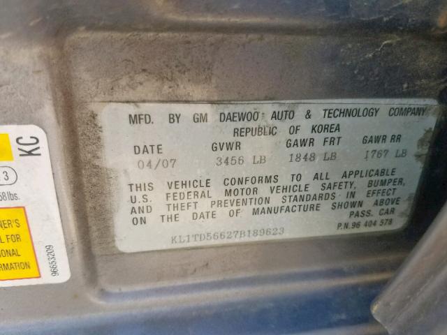 KL1TD56627B189623 - 2007 CHEVROLET AVEO BASE Boz foto 10