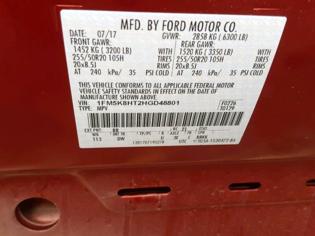 1FM5K8HT2HGD48801 - 2017 FORD EXPLORER P RED photo 10